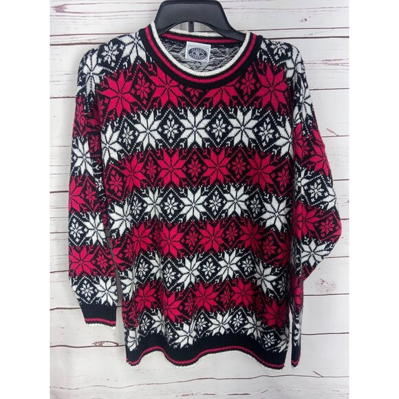 Classic Essentials Pink And White Nordic Snowflake Fair Isle Holiday Sweater Cre - Picture 1 of 7